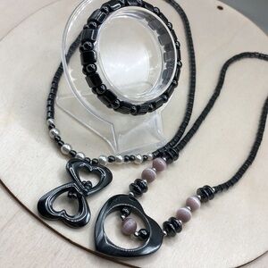 Bundle hematite heart necklaces and bracelet, curated, romantic style.